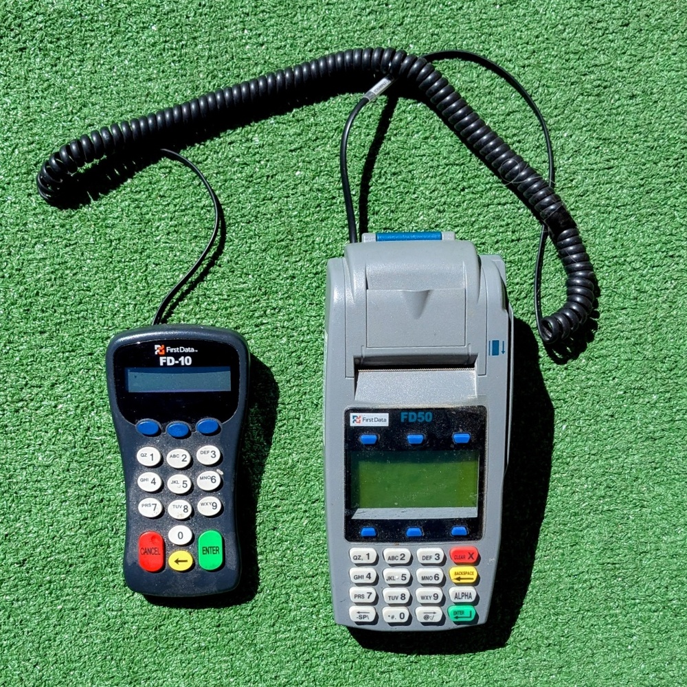First Data POS FD50 Credit Debit Card Terminal+FD-10 Pin Pad Set NO Power Cord